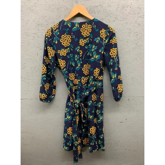 J.Crew Wrap Dress 00 Navy Yellow Floral 3/4 Sleeve Mini V Neck Women's Polyester - Picture 9 of 9